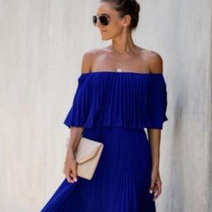 Vici Blue Off Shoulder Pleated Maxi Dress
